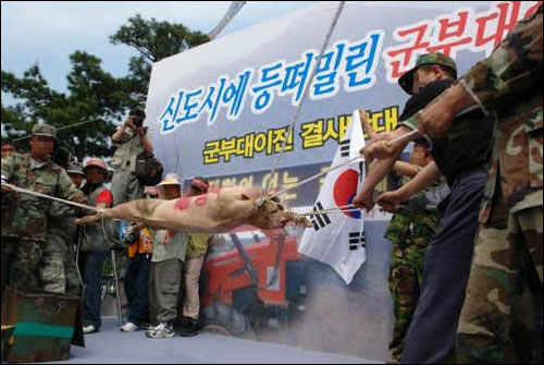 지난 22일 서울 용산 국방부 앞에서 열린 군부대 이전 반대 집회 중 산 돼지 다리에 줄을 묶어 찢어 죽이는 장면. 